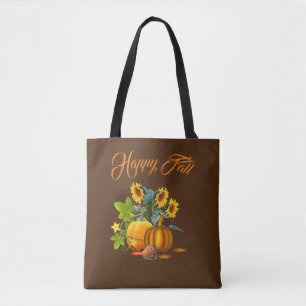 Bolsa Tote Queda feliz marrom com abóbora e girassóis