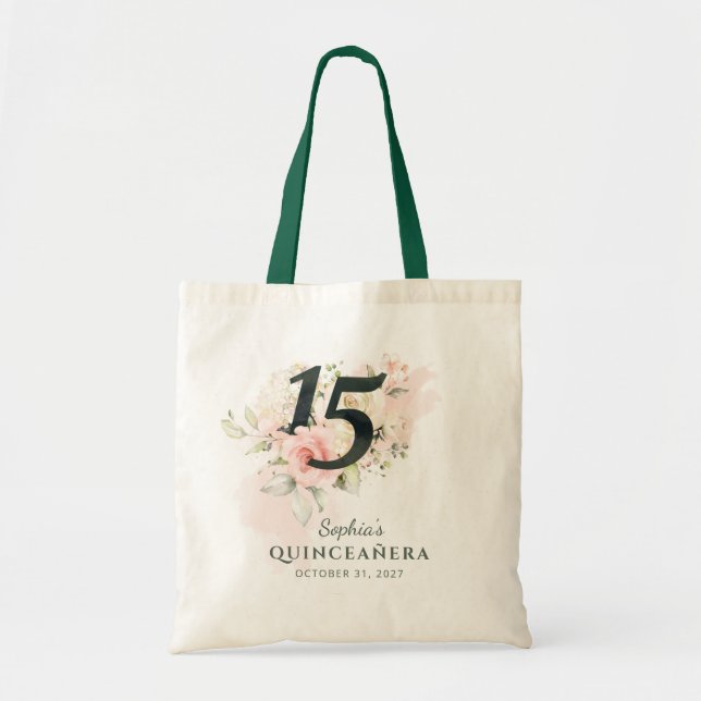 Bolsa Tote Quinceanera Rosa, Rústica Floral, 15, Aniversário (Frente)