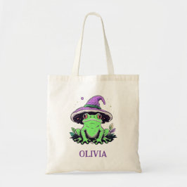 Bolsa Tote Rã Verde Usando Chapéu de Bruxa Roxo
