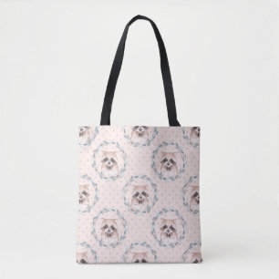 Bolsa Tote Raccoon e coroa floral. Padrão de Aquarela