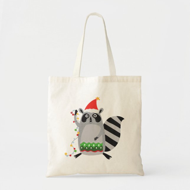 Bolsa Tote Raccoon Em Santa Hat Entrou Em Luzes De Xmas (Frente)