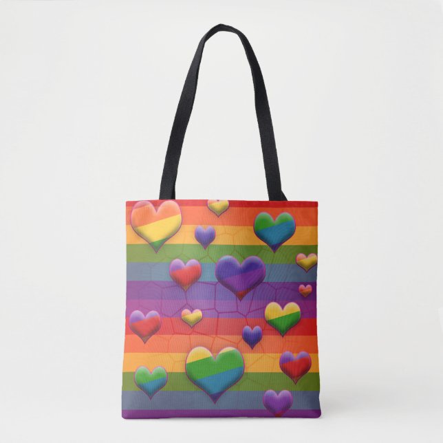 Bolsa Tote Rad Rainbow Hearts Striped Retro Divertido Padrão (Frente)