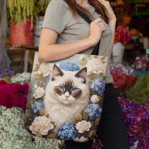 Bolsa Tote Ragdoll Cat Com Flores De Hydrangea Azuis