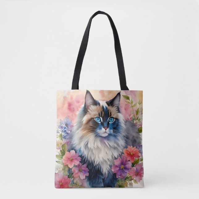Bolsa Tote Ragdoll Cat Retrato Floral (Frente)