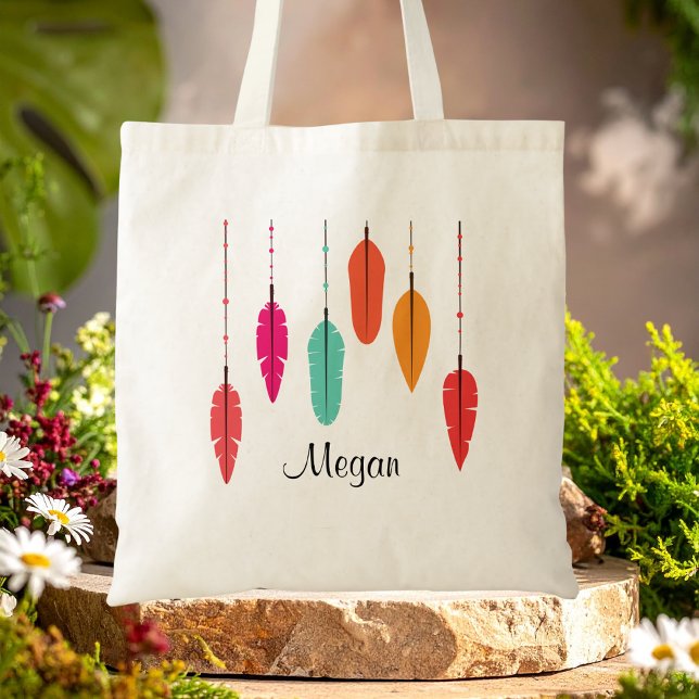 Bolsa Tote Rainbow Feather Pink & Orange Boho Monograma (Criador carregado)