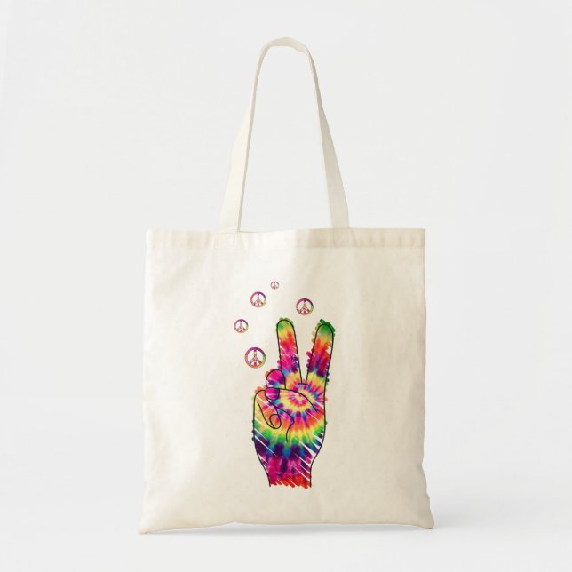 Bolsa Tote Rainbow Retro Tie Dye Psychedelic Sinal de Paz (Frente)