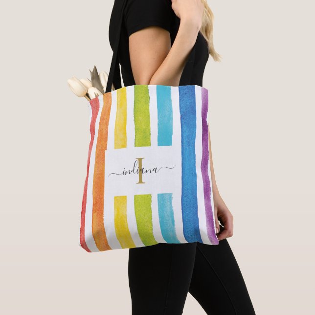 Bolsa Tote Rainbow Watercolor Monograma Nome Personalizado In (Close Up)