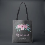 Bolsa Tote Raízes de flores rosa russas, dama de casamento<br><div class="desc">Primavera elegante russo ou na moda de noiva de verão, serra / madrinha de casamento / bolsa de tote de menina de flor em quadro de cinza escuro apresentando belos buquês de magnólias cor-de-água rosa com folhagem de eucalipto verde-menta. Personalize-o com o nome da dama de honra na frente e...</div>