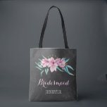 Bolsa Tote Raízes de flores rosa russas, dama de casamento<br><div class="desc">Primavera elegante russo ou na moda de noiva de verão, serra / madrinha de casamento / bolsa de tote de menina de flor em quadro de cinza escuro apresentando belos buquês de magnólias cor-de-água rosa com folhagem de eucalipto verde-menta. Personalize-o com o nome da dama de honra na frente e...</div>