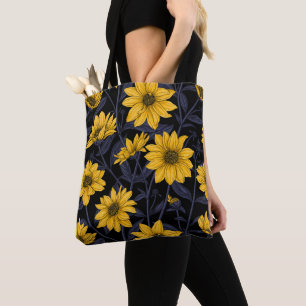 Bolsa Tote Raízes solares, girassol selvagem, amarelo e azul