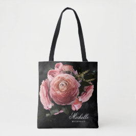 Bolsa Tote Ramalhete Floral Rosa Romântico em Preto
