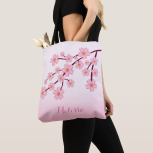 Bolsa Tote Ramo Floral de Sakura Flor de Cerejeira Rosa Com N
