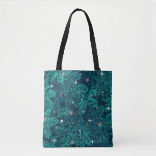 Bolsa Tote Ramos de Pinheiro Azul com Flocos de Neve Brancos