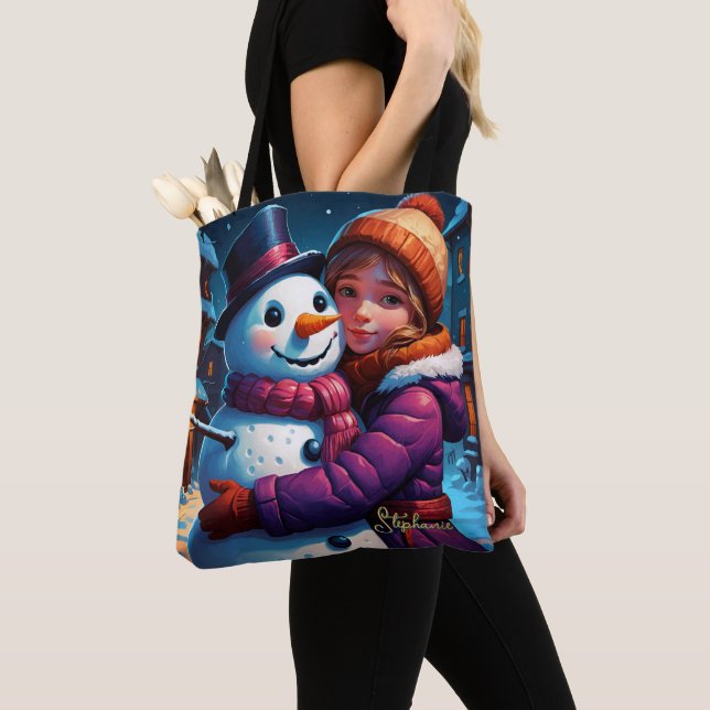 Bolsa Tote Rapariga Adorável De Natal E Neve (Close Up)