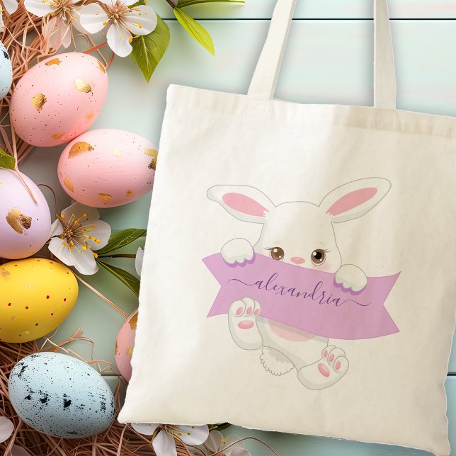 Bolsa Tote Rapariga da Páscoa Roxa Personalizada (Personalized Cute Purple Ribbon Easter Bunny Girl Tote Bag)