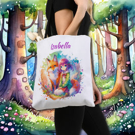 Bolsa Tote Rapariga e Raposa bonito de Aquarela