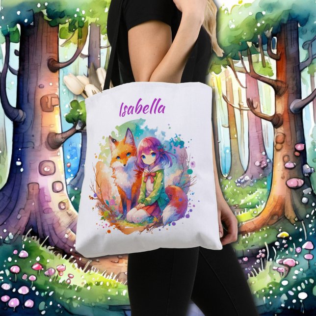 Bolsa Tote Rapariga e Raposa bonito de Aquarela (Criador carregado)