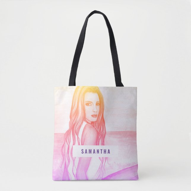Bolsa Tote Rapariga na Pintura em Aquarela da Praia (Frente)