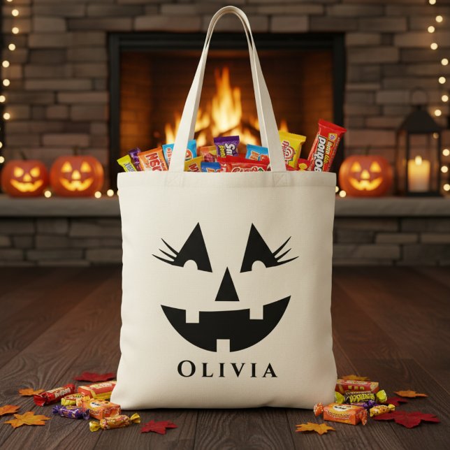 Bolsa Tote Rapariga Personalizada Rosto de Pumpkin no Hallowe (Personalized Girly Pumpkin Face Halloween Tote Bag - Just add your trick-or-treater's name!)