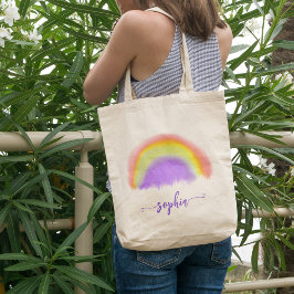 Bolsa Tote Raparigas aquarela arco-íris nome moderno script