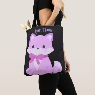 Bolsa Tote Raposa Arco Roxo Fofo Kawaii Personalizado Preto