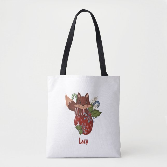 Bolsa Tote Raposa-Bebê-Cuja Raposa-de-Natal e Mitten (Frente)