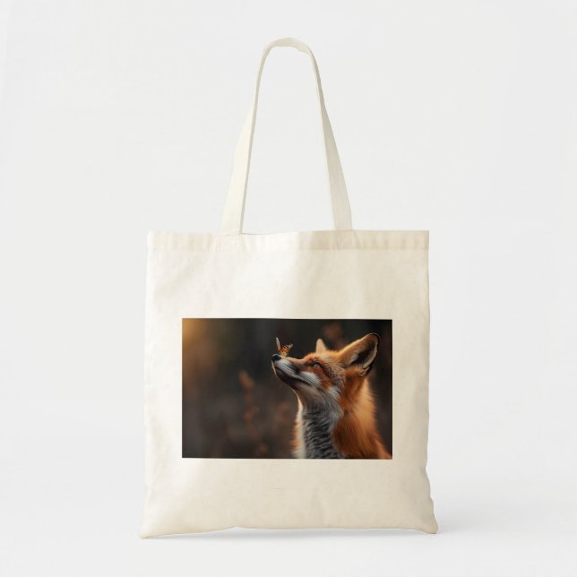 Bolsa Tote Raposa-branca com uma borboleta sentada no nariz (Frente)