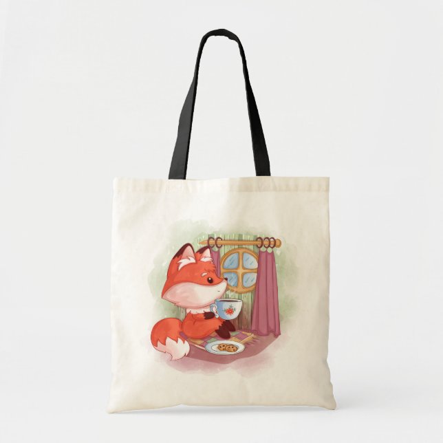 Bolsa Tote Raposa de Aquarela com Chá e Biscoitos (Frente)