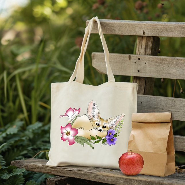 Bolsa Tote Raposa Fennec Flores Rosa Roxo Fofo Botânico Azul (Criador carregado)