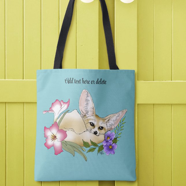 Bolsa Tote Raposa Fennec Flores Rosa Roxo Fofo Botânico Azul (Criador carregado)