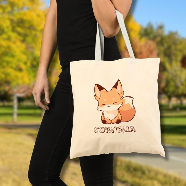 Bolsa Tote Raposa Sorridente Pequena e Fofa com Nome Personal (Criador carregado)