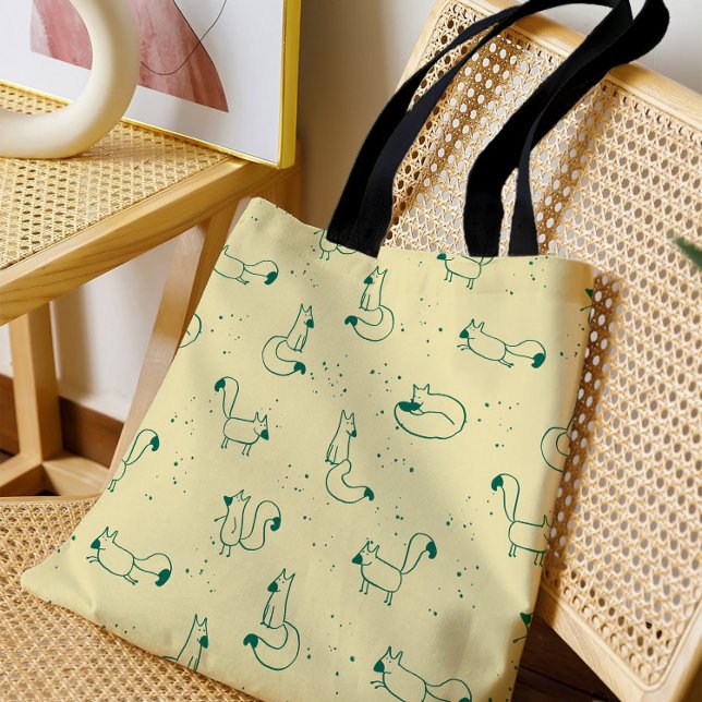 Bolsa Tote Raposas Rabiscadas em Azul Turquesa sobre Amarelo  (Criador carregado)