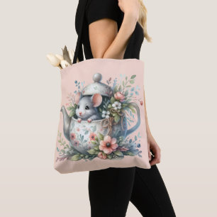Bolsa Tote Rato Bonito na Ilustração Floral do Bule de chá