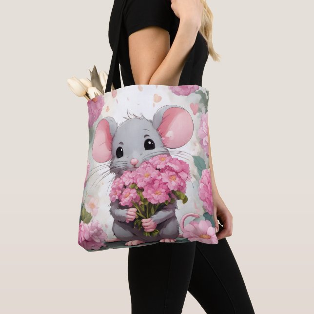 Bolsa Tote Rato Com Buquê de Flores Rosa (Close Up)