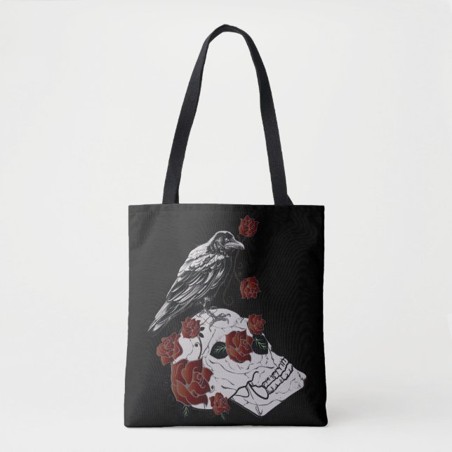 Bolsa Tote Raven e Skull Rosa vermelha Shopping Bag (Frente)