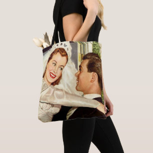 Bolsa Tote Recém-casados de casamento retrô, noiva e noivo fe