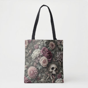 Bolsa Tote Recolher nas Rosas - Caveira Gótica e Floral