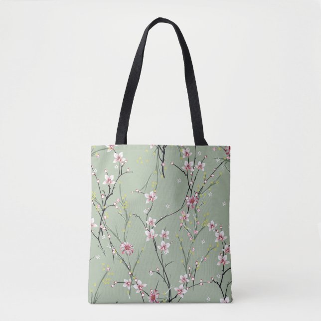 Bolsa Tote red and yellow small flower pattern on green backg (Frente)