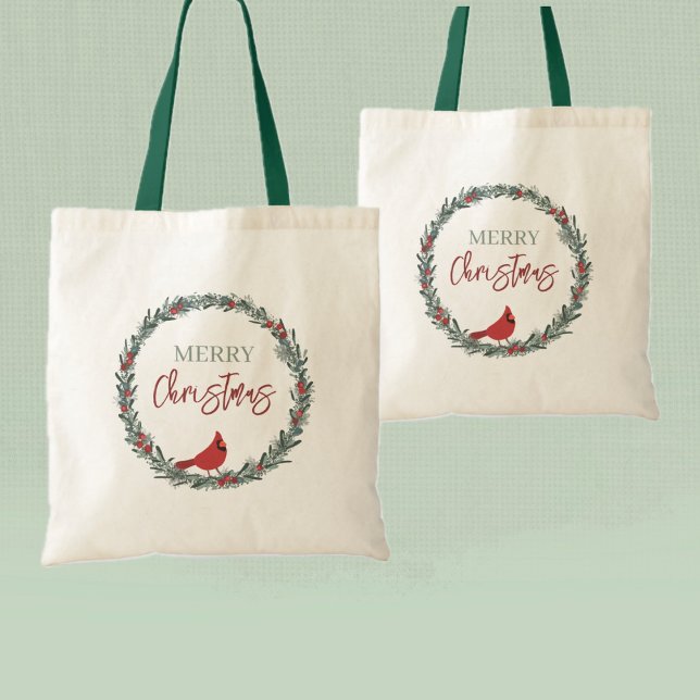 Bolsa Tote Red Berries Wreath and Red Cardinal Christmas  (Criador carregado)