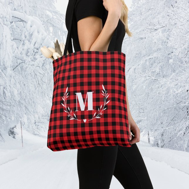 Bolsa Tote Red Buffalo Plaid Monogram Christmas (Criador carregado)