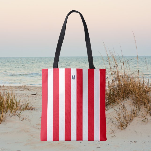 Bolsa Tote Red Cabana Stripe & Personalizado Monograma de Mar (Criador carregado)