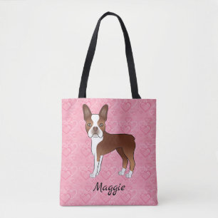 Bolsa Tote Red E White Boston Terrier Cão Em Corações Rosa