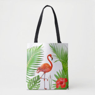Bolsa Tote Red Flamingo, Hibiscus e Folhas Tropicais de Palma