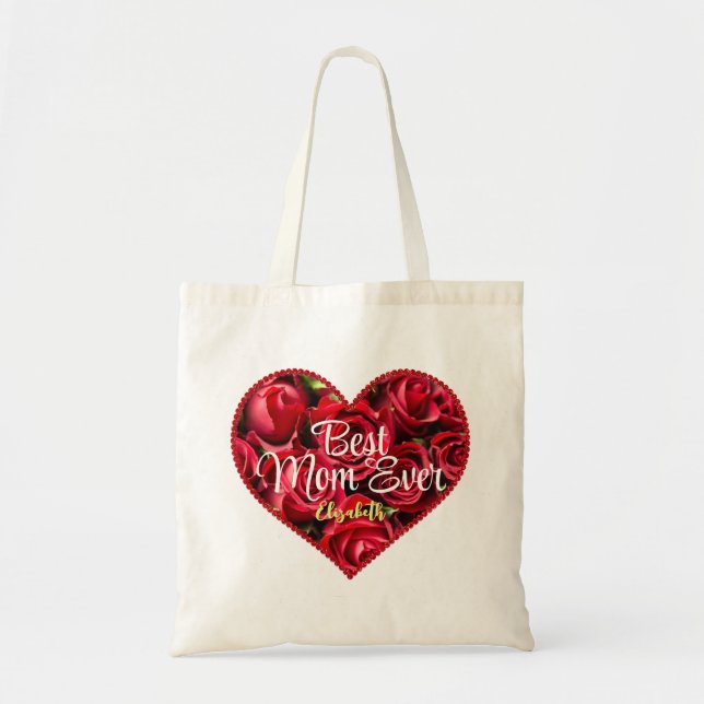 Bolsa Tote Red Heart Script Best Mãe Ever Floral Dia de as mã (Frente)