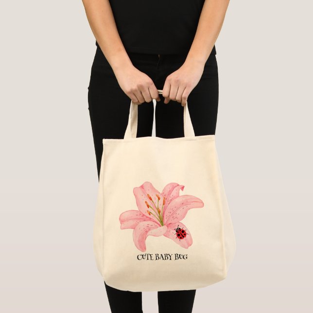 Bolsa Tote Red Ladybug cor-de-rosa Lily Flower (Frente (produto))