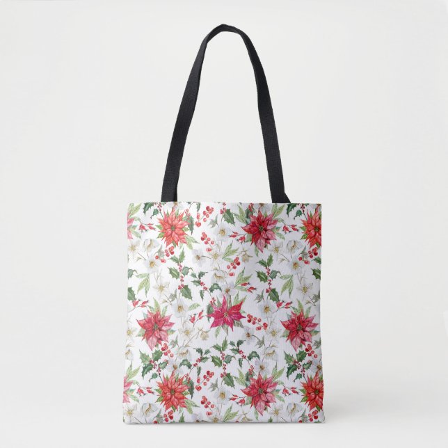 Bolsa Tote Red Poinsettia e Paperwhite Padrão de Natal (Frente)