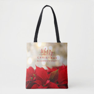 Bolsa Tote Red Poinsettias com Ouro Bokeh Natal