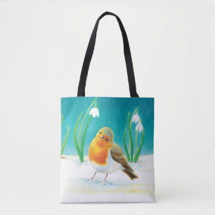 Bolsa Tote Red Robin (Erithacus rubecula) e White Snowdros