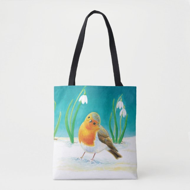 Bolsa Tote Red Robin (Erithacus rubecula) e White Snowdros (Frente)