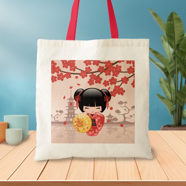 Bolsa Tote Red Sakura Kokeshi Doll - Geisha Japonês (Criador carregado)